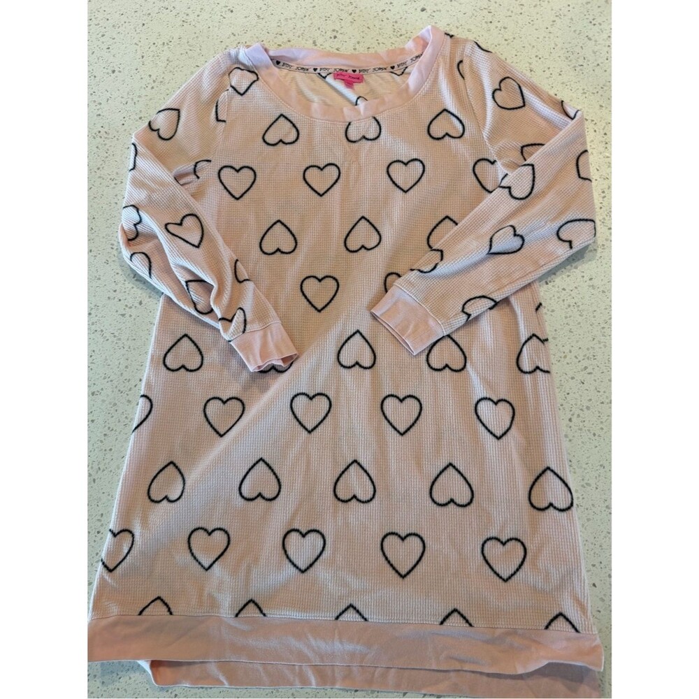 Betsey Johnson Pink Heart Print Long Sleeve Pajama Top Nightshirt M